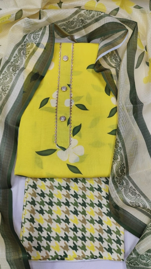 Arihant Creations Cotton Blend Printed Suit Set with Kota Doria Dupatta For Women’s Unstitched(Top 2.5m | Bottom 2.5m | Dupatta 2.25m)