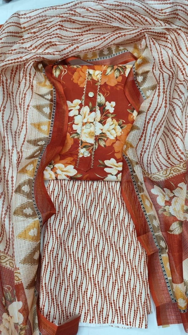 Arihant Creations Cotton Blend Printed Suit Set with Kota Doria Dupatta For Women’s Unstitched(Top 2.5m | Bottom 2.5m | Dupatta 2.25m)