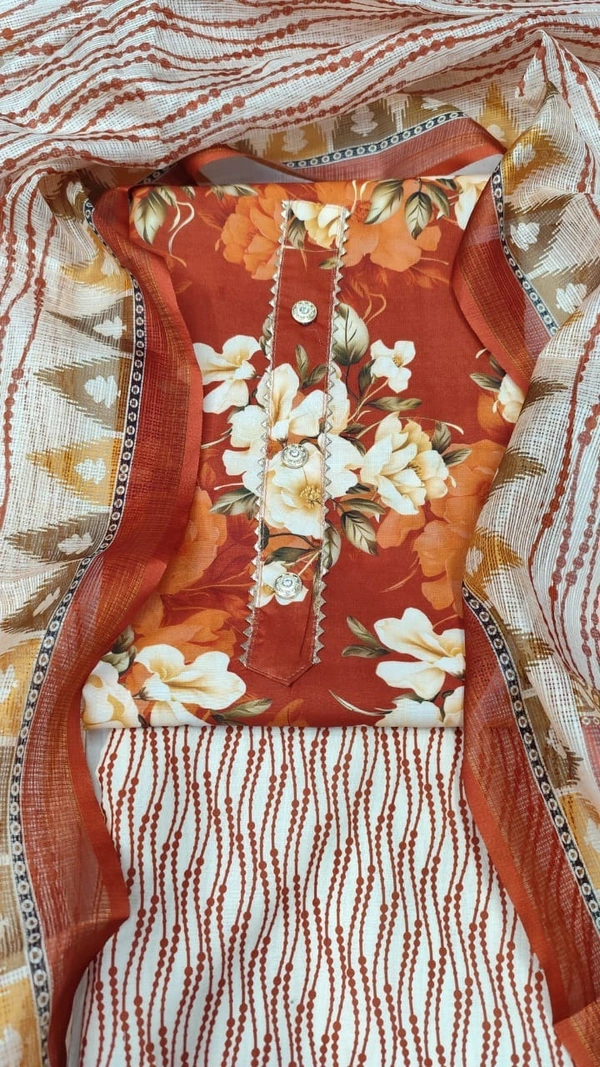 Arihant Creations Cotton Blend Printed Suit Set with Kota Doria Dupatta For Women’s Unstitched(Top 2.5m | Bottom 2.5m | Dupatta 2.25m)