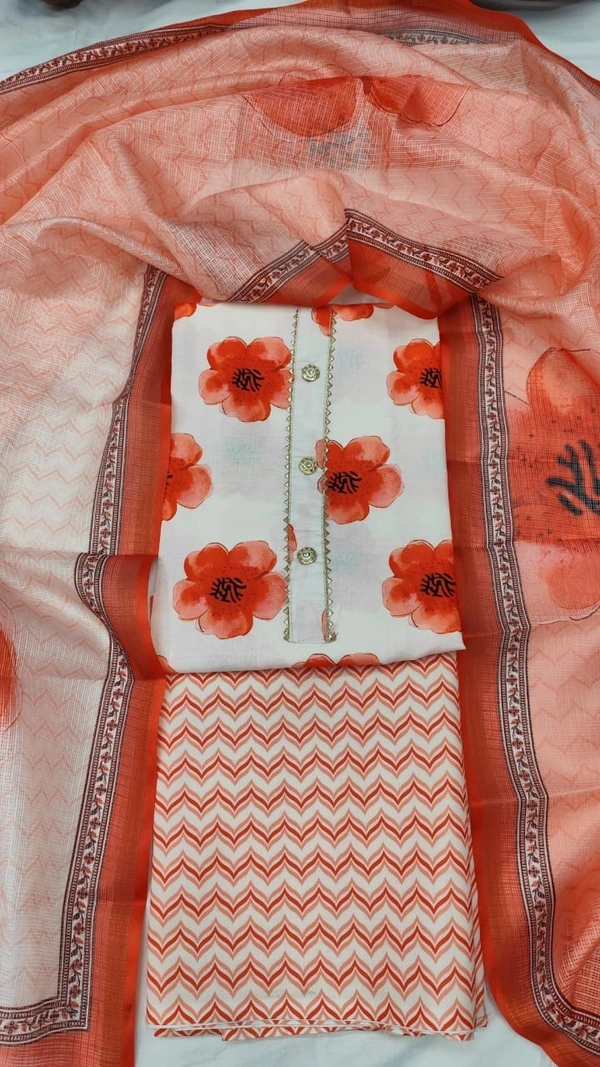 Arihant Creations Cotton Blend Printed Suit Set with Kota Doria Dupatta For Women’s Unstitched(Top 2.5m | Bottom 2.5m | Dupatta 2.25m)