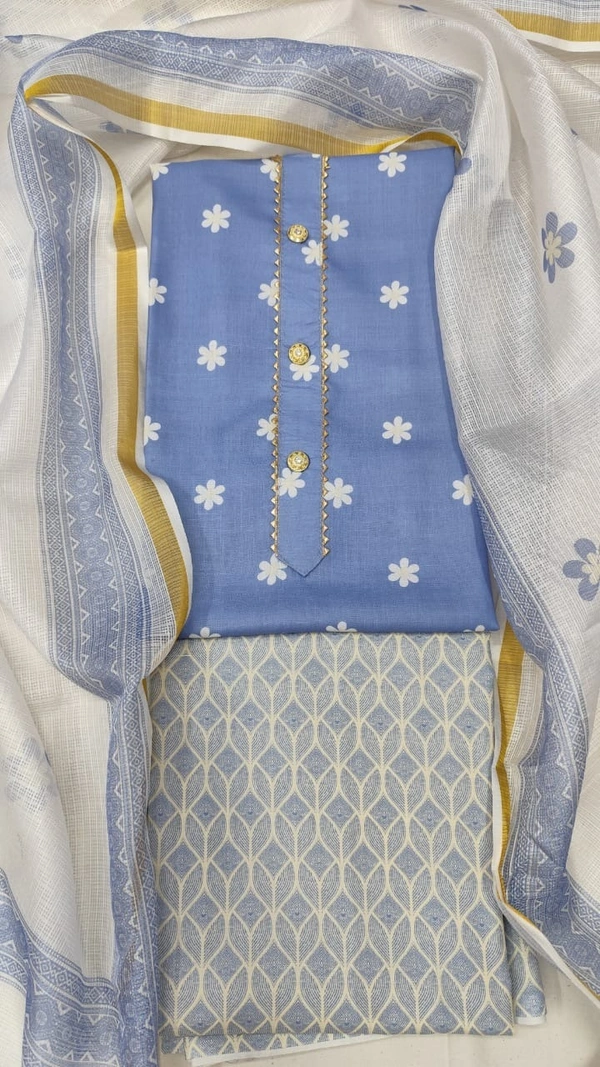 Arihant Creations Cotton Blend Printed Suit Set with Kota Doria Dupatta For Women’s Unstitched(Top 2.5m | Bottom 2.5m | Dupatta 2.25m)