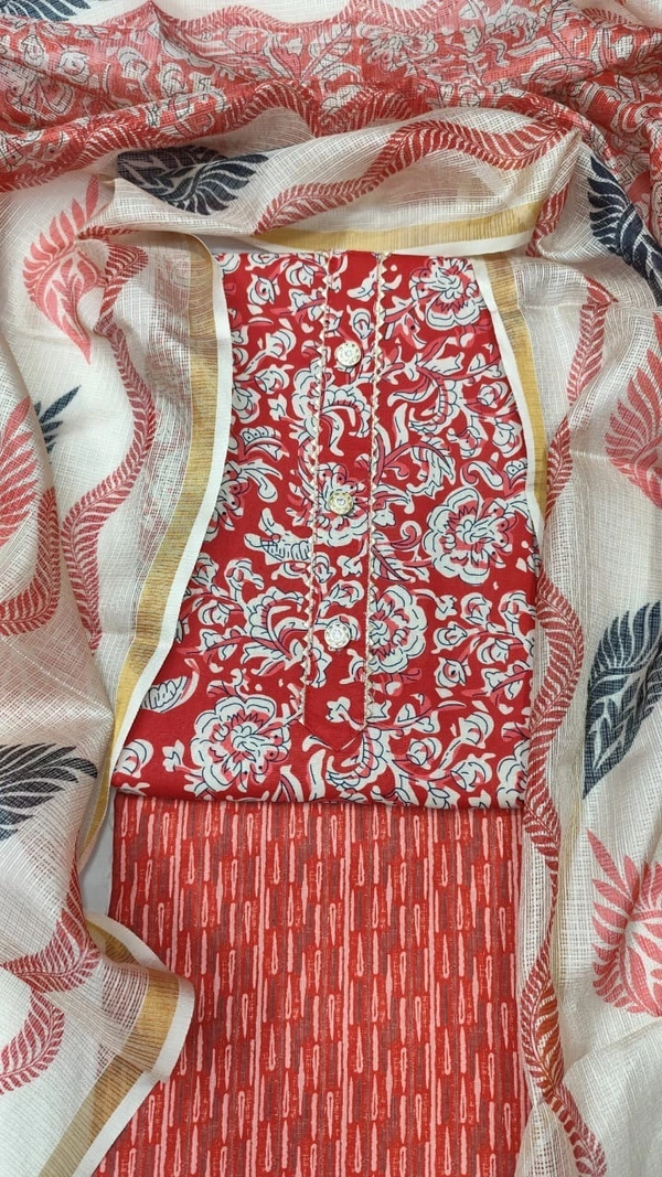 Arihant Creations Cotton Blend Printed Suit Set with Kota Doria Dupatta For Women’s Unstitched(Top 2.5m | Bottom 2.5m | Dupatta 2.25m)