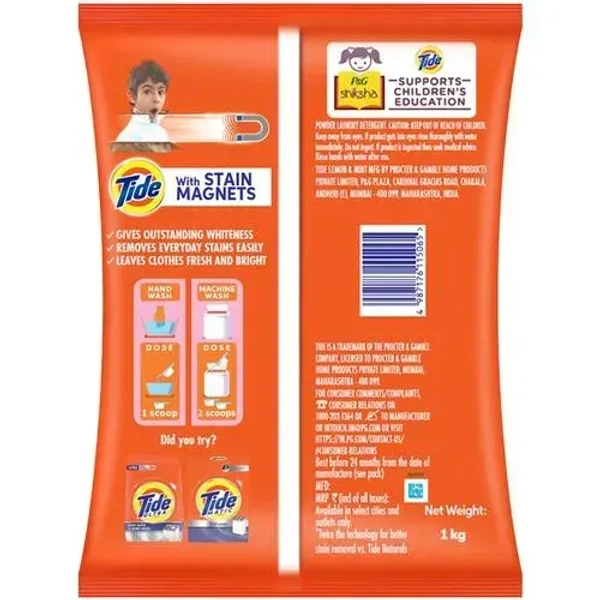 Tide Plus Detergent Washing Powder - Extra Power Lemon & Mint, 1 kg - 1 Kg