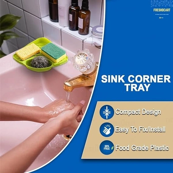 Kitchen Sink Corner Tool With Tray Storage Organizer Rack For Soap Dish Wash Basin (Plastic, Green), Pack Of 1, Sinks - 27 x 19.5 x 5.5 Centimeters, Mint Green