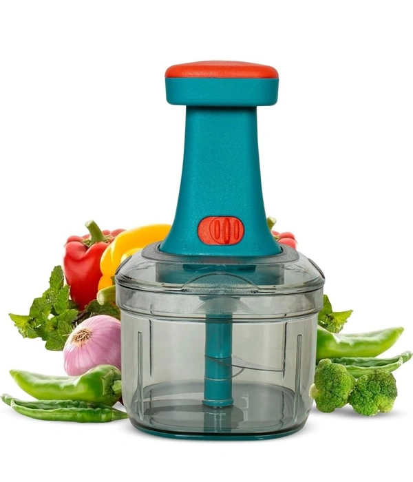 Plastic Manual Hand Press Push Chopper with Stainless Steel 4 Blades and Lock Unlock System for Effortless Chopping Fruits and Vegetable Cutting Machine (650 Ml) - 8D x 10W x 12H Centimeters, Riptide