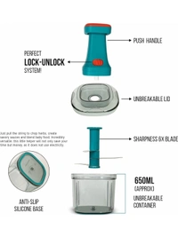 Plastic Manual Hand Press Push Chopper with Stainless Steel 4 Blades and Lock Unlock System for Effortless Chopping Fruits and Vegetable Cutting Machine (650 Ml) - 8D x 10W x 12H Centimeters, Riptide