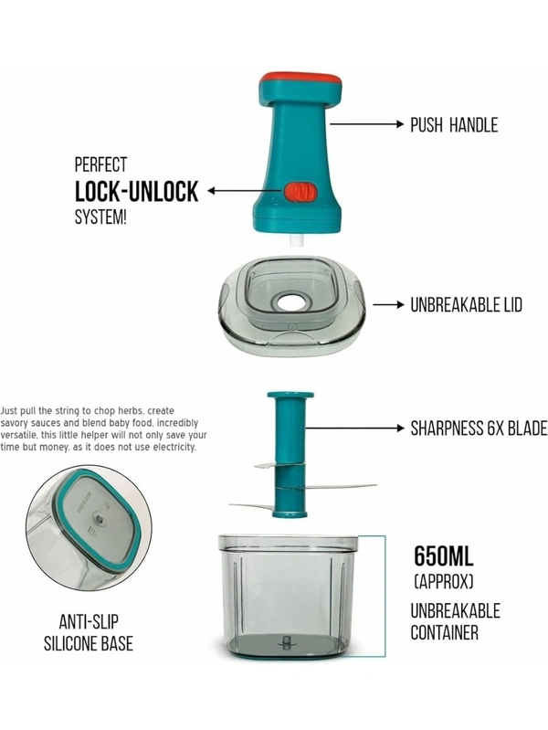 Plastic Manual Hand Press Push Chopper with Stainless Steel 4 Blades and Lock Unlock System for Effortless Chopping Fruits and Vegetable Cutting Machine (650 Ml) - 8D x 10W x 12H Centimeters, Riptide