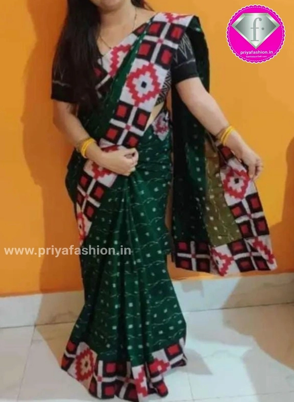 100906 Sambalpuri Handloom Cotton Patchwork Saree With Blause - Fun Green