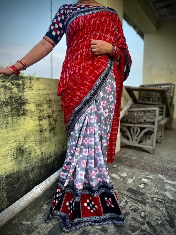 100978Sambalpuri Handloom Cotton Patchwork Saree With Blause