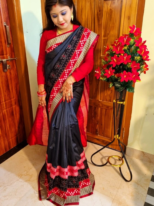 101561 Silk Saree With Sambalpuri Patchwork Border With Blause