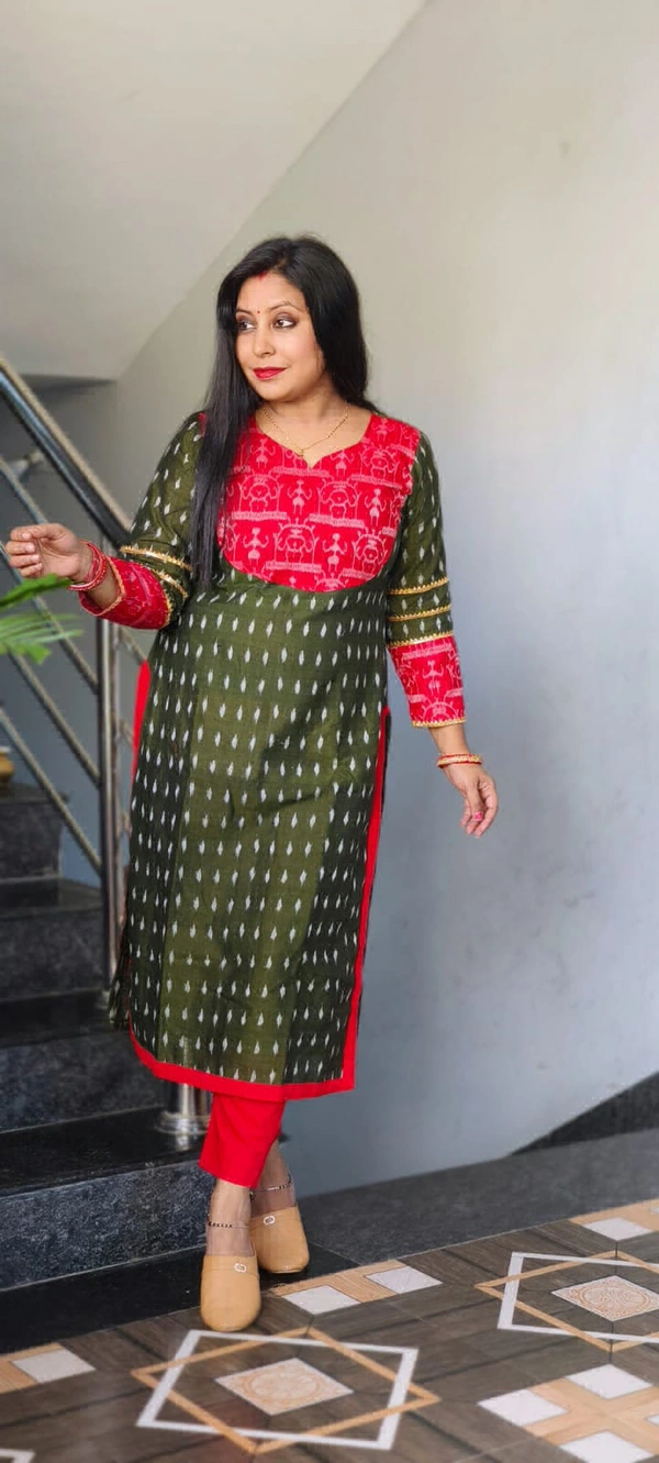 101640 Sambalpuri Cotton Kurti Both Side Same Fabric - Green Leaf, 40