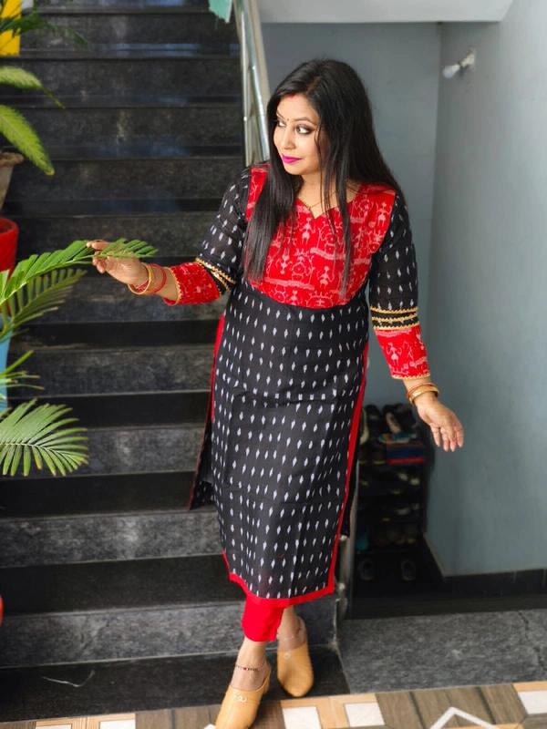 101642 Sambalpuri Cotton Kurti Both Side Same Fabric - Black, 42