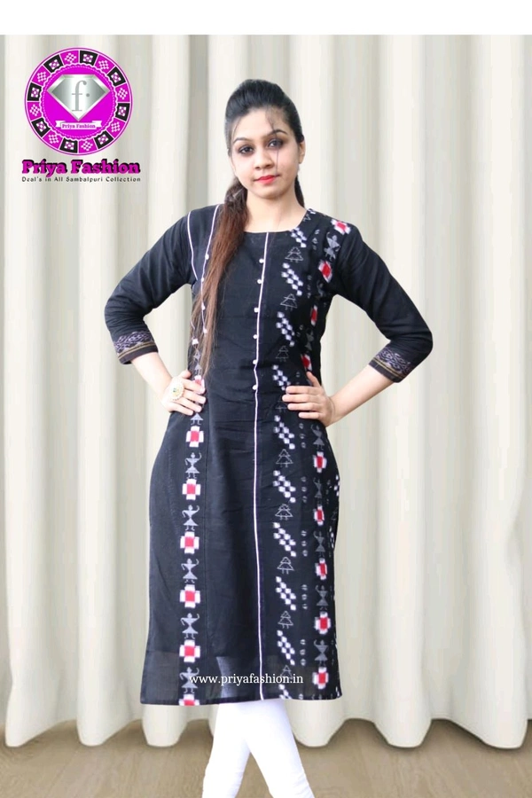 102239 Sambalpuri Handloom Cotton Kurti 34-46 - Black, S-34