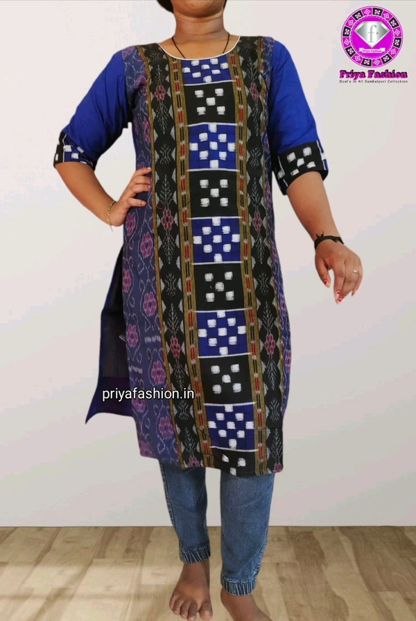 102248 Sambalpuri Handloom Cotton Stitching Kurti In Blue Colour - Blue, L-38