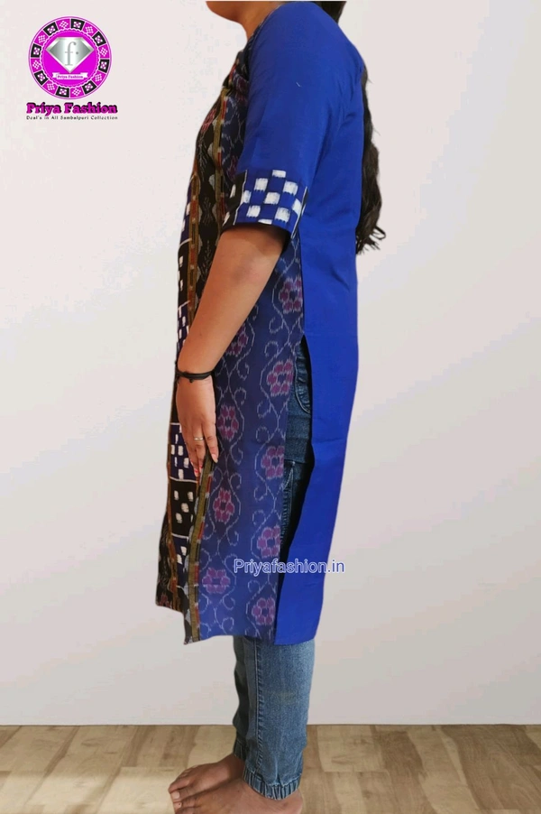 102248 Sambalpuri Handloom Cotton Stitching Kurti In Blue Colour - Blue, L-38