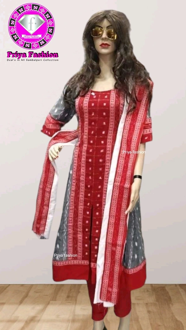 102285 Sambalpuri Round Long Top / Round Kurti With Dupatta & Pant Set - Gray, 32, Round Long Top + Dupatta + Pant