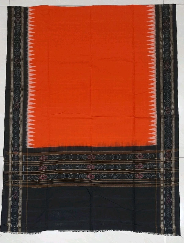 102288 Sambalpuri Handloom Cotton Dupatta - Burning Orange, Black