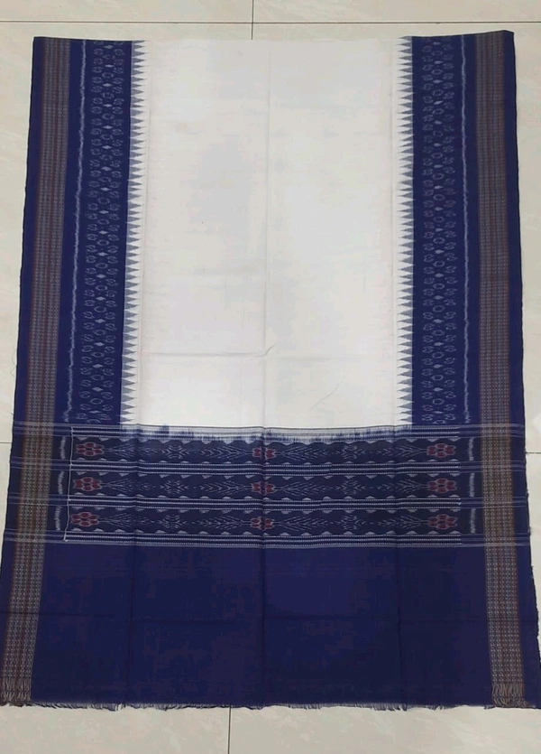 102290 Sambalpuri Handloom Cotton Dupatta - White, Navy Blue