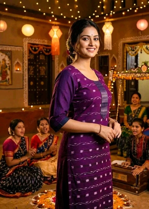 102394 Sambalpuri Handloom Cotton Stitching Kurti Purple With Colour - 32 size- 46 Size - 38 SIZE -M