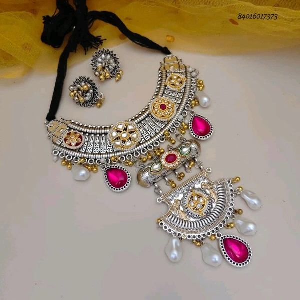 Dual-Tone Oxidized Silver Hasli Necklace Set with Magenta Stones & Baroque Pearls