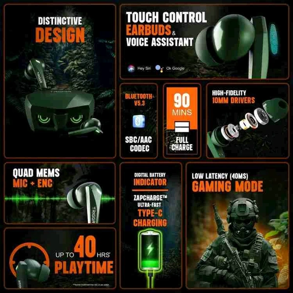 TRIGGR Kraken X1 with Battery Display, 40ms Latency, Quad Mic ENC, 40 Hr, v5.3 Bluetooth Headset (Army Green, True Wireless) - Sherpa Blue