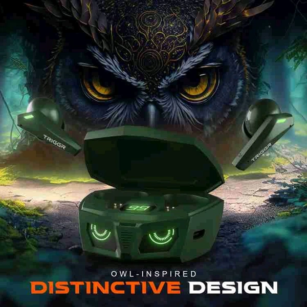 TRIGGR Kraken X1 with Battery Display, 40ms Latency, Quad Mic ENC, 40 Hr, v5.3 Bluetooth Headset (Army Green, True Wireless) - Sherpa Blue