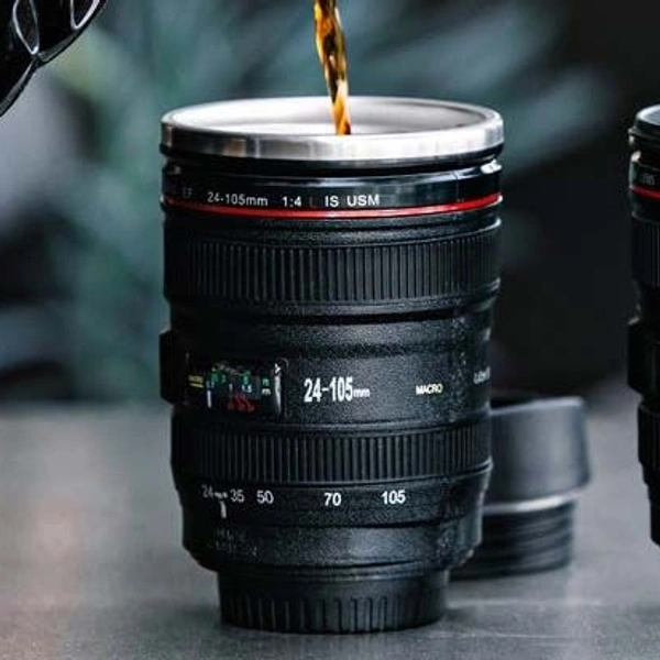Neo Clean Camera Lens Coffee Mug - Steel Insulated Travel Thermos, 400 ML Black Travel Mug for Coffee & Tea