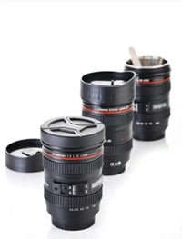 Neo Clean Camera Lens Coffee Mug - Steel Insulated Travel Thermos, 400 ML Black Travel Mug for Coffee & Tea