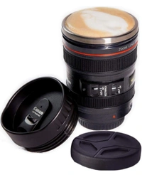 Neo Clean Camera Lens Coffee Mug - Steel Insulated Travel Thermos, 400 ML Black Travel Mug for Coffee & Tea