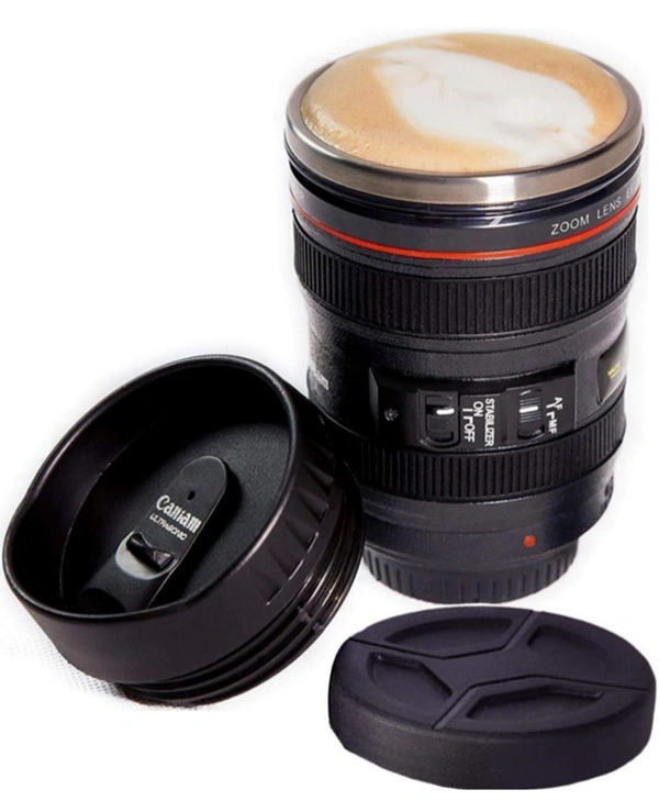 Neo Clean Camera Lens Coffee Mug - Steel Insulated Travel Thermos, 400 ML Black Travel Mug for Coffee & Tea