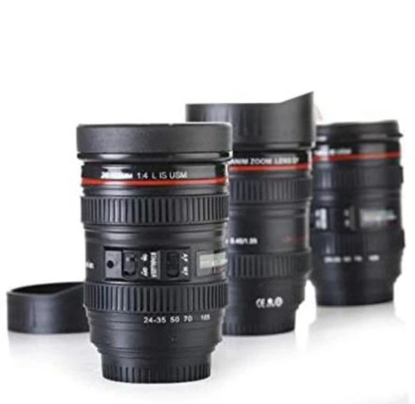 Neo Clean Camera Lens Coffee Mug - Steel Insulated Travel Thermos, 400 ML Black Travel Mug for Coffee & Tea
