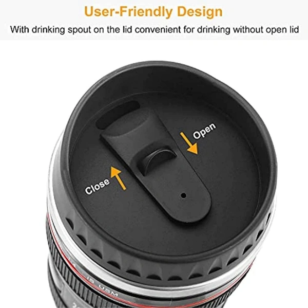 Neo Clean Camera Lens Coffee Mug - Steel Insulated Travel Thermos, 400 ML Black Travel Mug for Coffee & Tea
