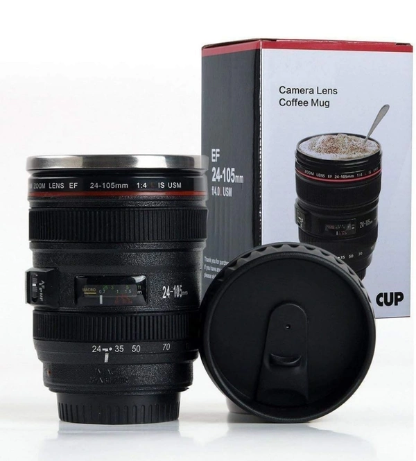 Neo Clean Camera Lens Coffee Mug - Steel Insulated Travel Thermos, 400 ML Black Travel Mug for Coffee & Tea