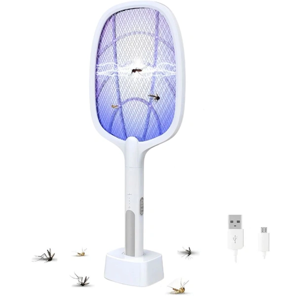 Neo Clean 2-in-1 UV Light Mosquito Racket Bat with Base Stand, Rechargeable Lithium Battery, USB Charging, Warranty Included – White