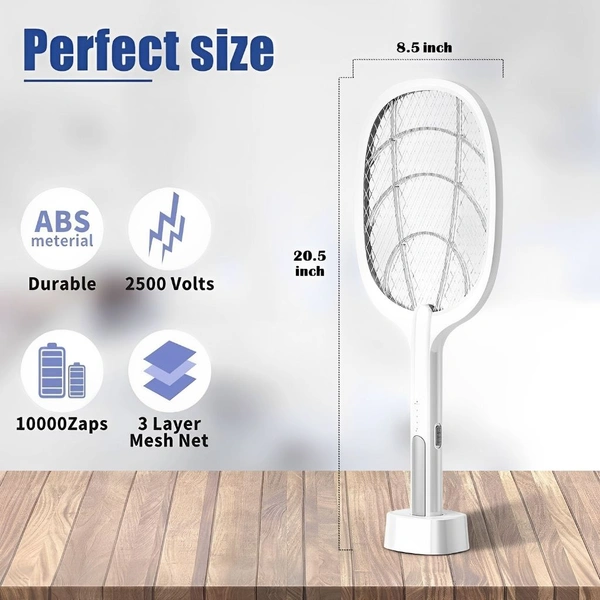 Neo Clean 2-in-1 UV Light Mosquito Racket Bat with Base Stand, Rechargeable Lithium Battery, USB Charging, Warranty Included – White