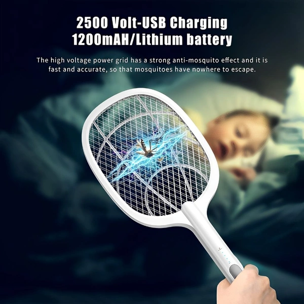 Neo Clean 2-in-1 UV Light Mosquito Racket Bat with Base Stand, Rechargeable Lithium Battery, USB Charging, Warranty Included – White