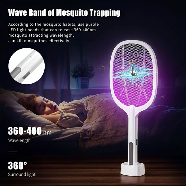 Neo Clean 2-in-1 UV Light Mosquito Racket Bat with Base Stand, Rechargeable Lithium Battery, USB Charging, Warranty Included – White
