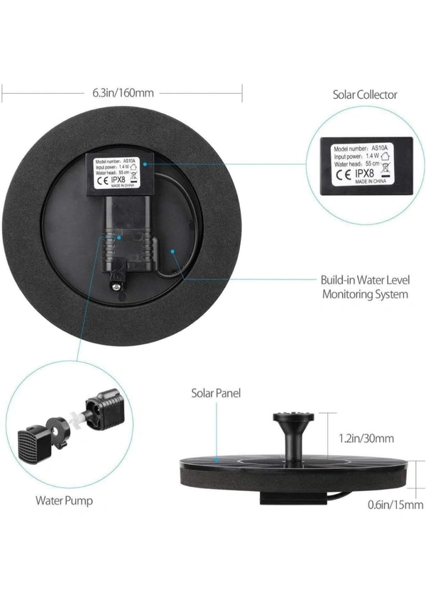 Neo Clean Solar Powered Floating Water Pump for Pool, Pond, Garden, and Patio – Round Black Plastic Fountain, 1.4W 7V