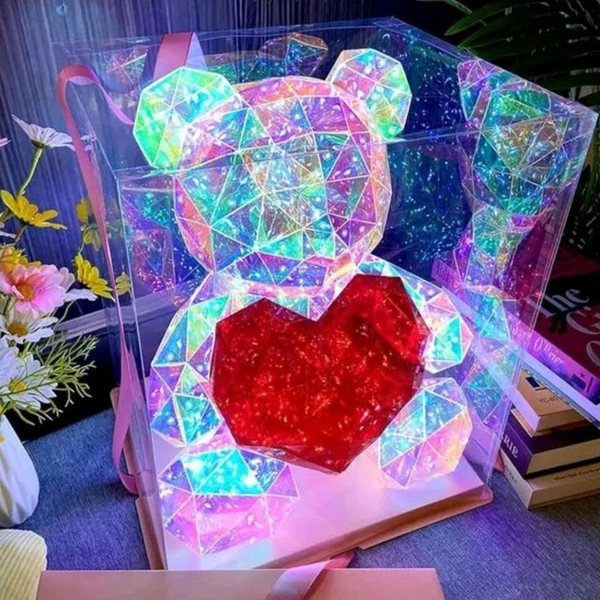 Neo Clean 3D Crystal Teddy Bear Night Light with Heart - Cute Colorful LED Table Lamp, Gift-Ready Glowing Teddy Bear Lamp (1 Pc)