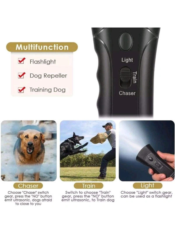 Neo Clean Ultrasonic Dog Repeller & Anti-Barking Device with LED Flashlight - Effective Sonic Trainer for Bark Control (Black)