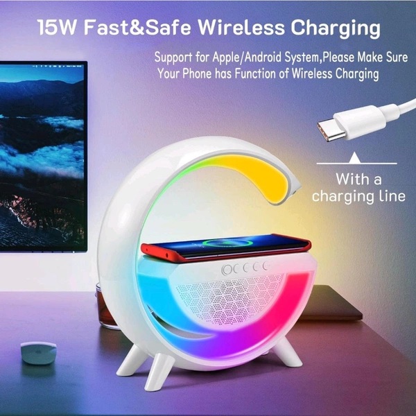 Neo Clean 3-in-1 Night Light Bluetooth Speaker with 15W Wireless Charger & LED Desk Lamp – Perfect Bedside Lamp for Bedroom Decor & Gift Ideas (G Speaker Lamp)