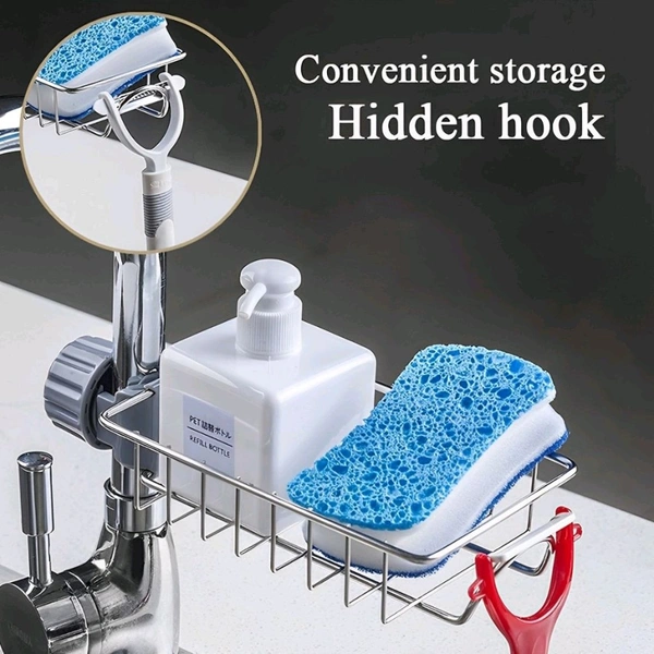 Neo Clean Adjustable Stainless Steel Sponge Holder for Kitchen Sink - Detachable Over Faucet Sink Caddy Organizer, Durable Kitchen Sink Rack for Sponges & Accessories (Pack of 1)