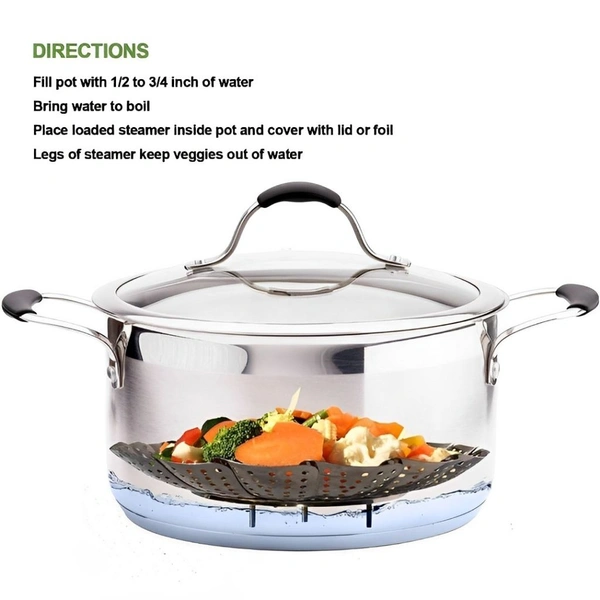 Neo Clean BIG SIZE Premium Stainless Steel Vegetable Steamer Basket - Expandable Folding Steamer for Veggies, Fruits, Momos & Dumplings | Fits Pots 6" to 10.5" | Food Drain Bowl for Healthy Cooking