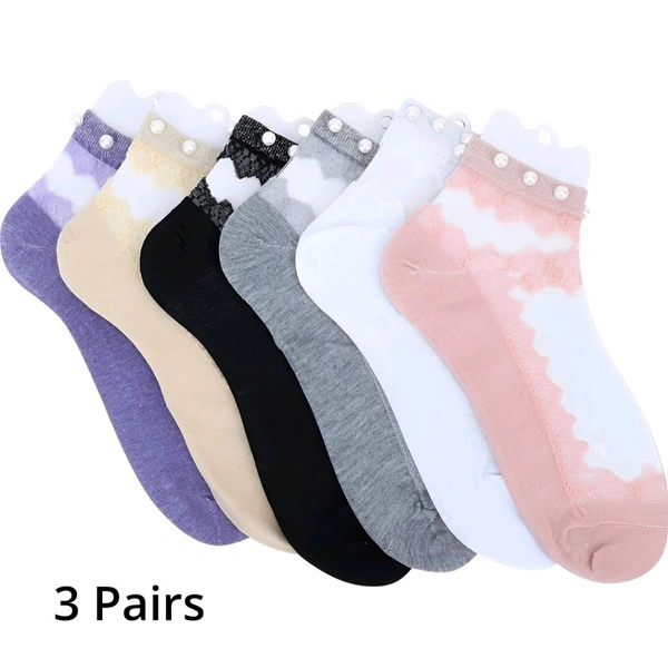 Neo Clean 3 Pairs Pearl Lace Women’s Socks – Stylish Fashion Ankle Socks for Ladies, Breathable & Comfortable Design, Random Colors for Casual & Party Wear
