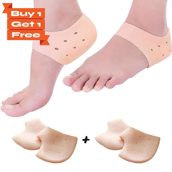 Neo Clean Silicone Gel Heel Pad Socks for Pain Relief - 1 Pair + 1 Pair (Beige, Free Size) | Heel Support for Cracked Heels, Plantar Fasciitis, and Foot Comfort