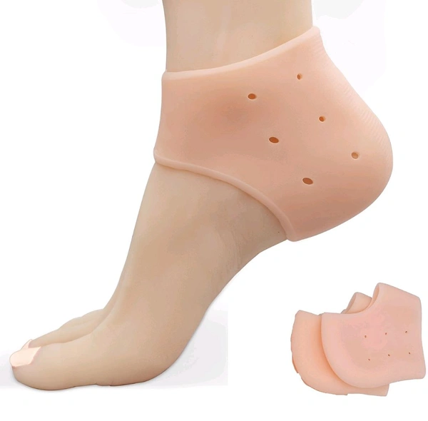 Neo Clean Silicone Gel Heel Pad Socks for Pain Relief - 1 Pair + 1 Pair (Beige, Free Size) | Heel Support for Cracked Heels, Plantar Fasciitis, and Foot Comfort