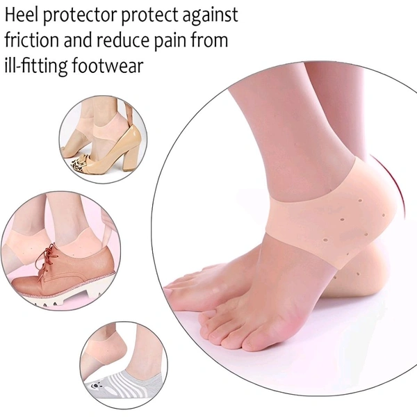 Neo Clean Silicone Gel Heel Pad Socks for Pain Relief - 1 Pair + 1 Pair (Beige, Free Size) | Heel Support for Cracked Heels, Plantar Fasciitis, and Foot Comfort