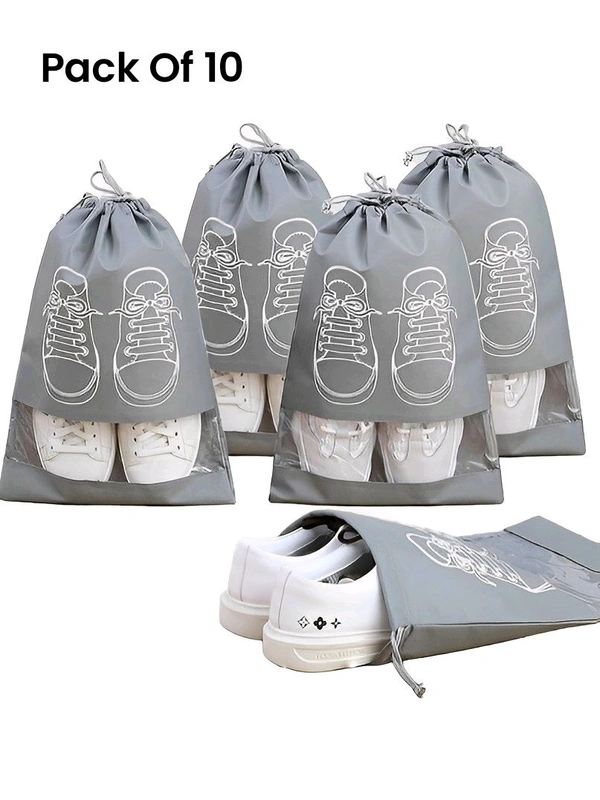 Neo Clean Pack of 10 Non-Woven Shoe Bags for Travel and Storage with Transparent Window and Drawstring Cover in Random Colors (Heavy Duty)