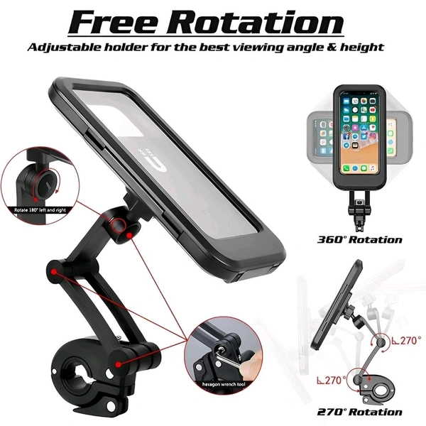 Neo Clean Waterproof Motorcycle & Bicycle Mobile Phone Holder - 360° Adjustable Universal Mount with TPU Touchscreen for Handlebars (Black)