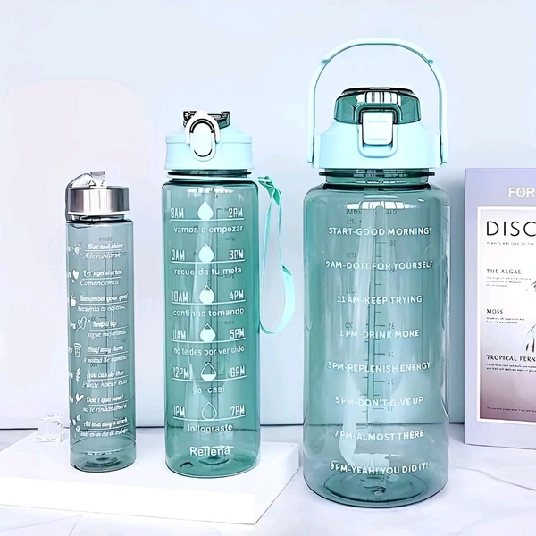 Neo Clean Leakproof Motivational Water Bottle with Time Marker & Straw | 3-Piece Set in 300ml, 800ml, 2000ml | Transparent Plastic Hydration Bottle